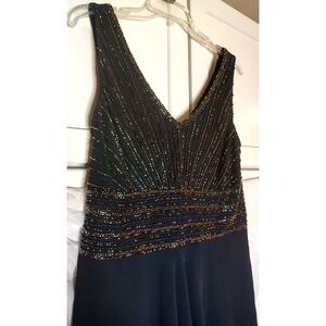 JKara Size 16P Beaded Formal Dress Navy/Mercury Petite RN 97853 Maxi Wedding